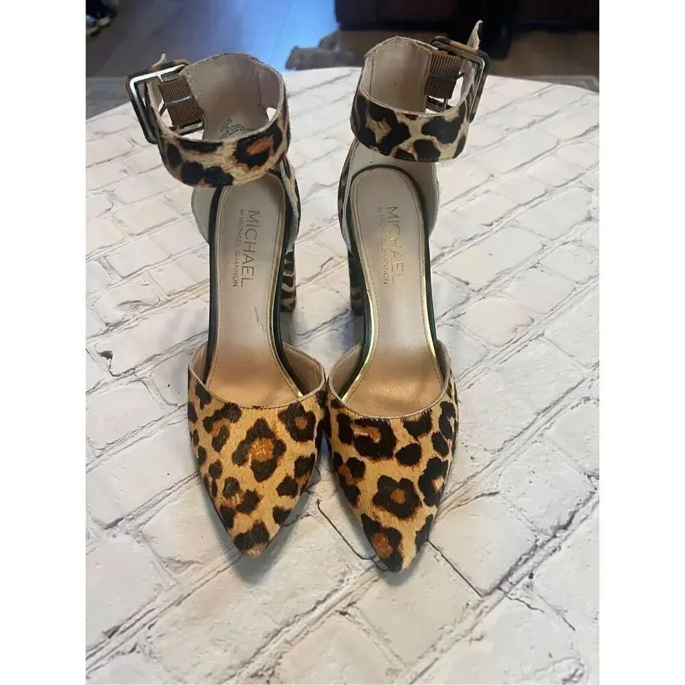 Michael Shannon Size 7.5 Romina Ankle Strap Chunky Heels Cheetah Print Cocktail